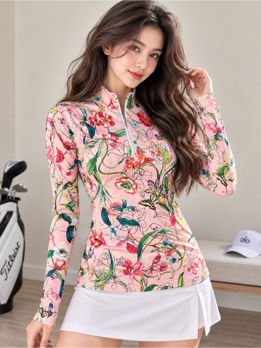 Floral Pink Zip-Front Long Sleeve Athletic Top